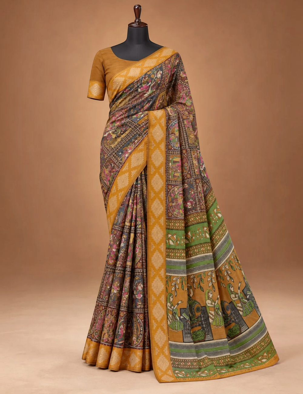 House Of Paramya georgette saree in mehendi green and brown with a mustard border and traditional printed motifs