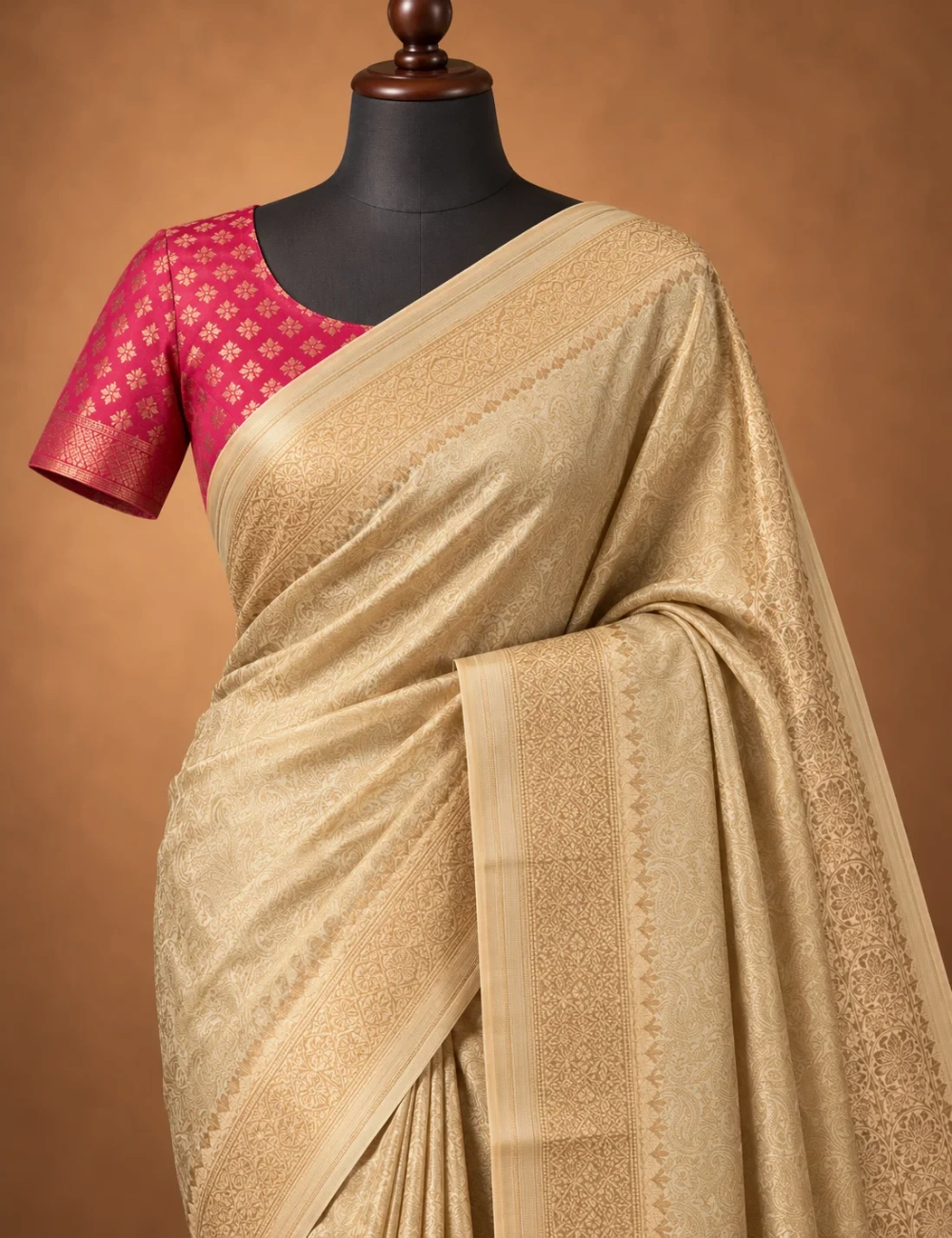 House Of Paramya gold vegan viscose silk saree with Kanchipuram-style brocade weave and a pink patterned blouse