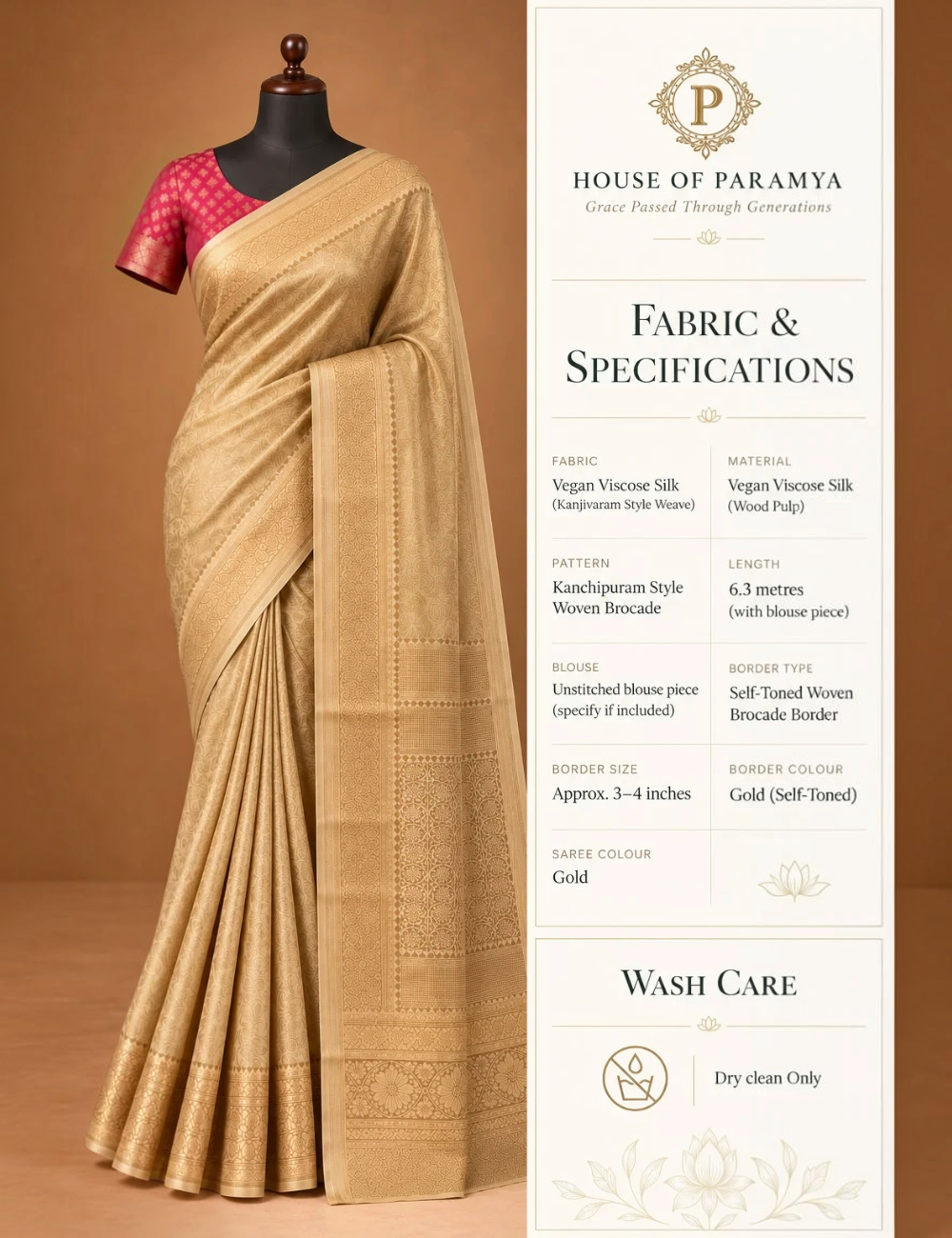 House Of Paramya gold vegan viscose silk saree with Kanchipuram-style brocade weave and self-toned woven border