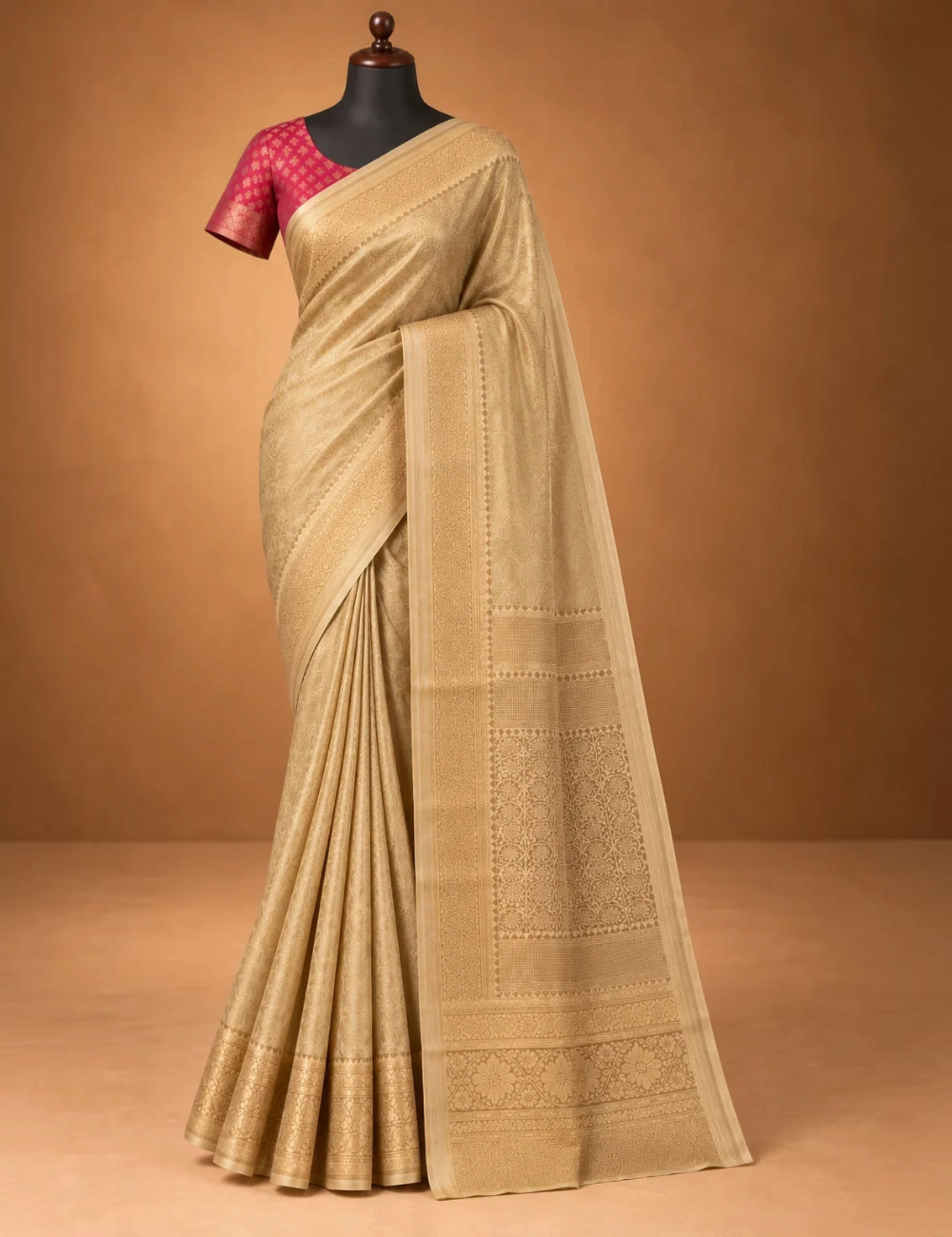 House Of Paramya gold vegan viscose silk saree featuring a Kanchipuram-style brocade weave and matching woven border.