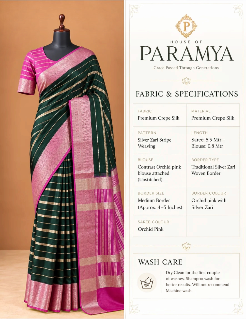 House Of Paramya dark green crepe silk saree with orchid pink and silver zari striped border and matching blouse