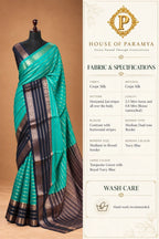 House Of Paramya turquoise green and navy blue crepe silk saree with horizontal zari stripes and a dual tone border