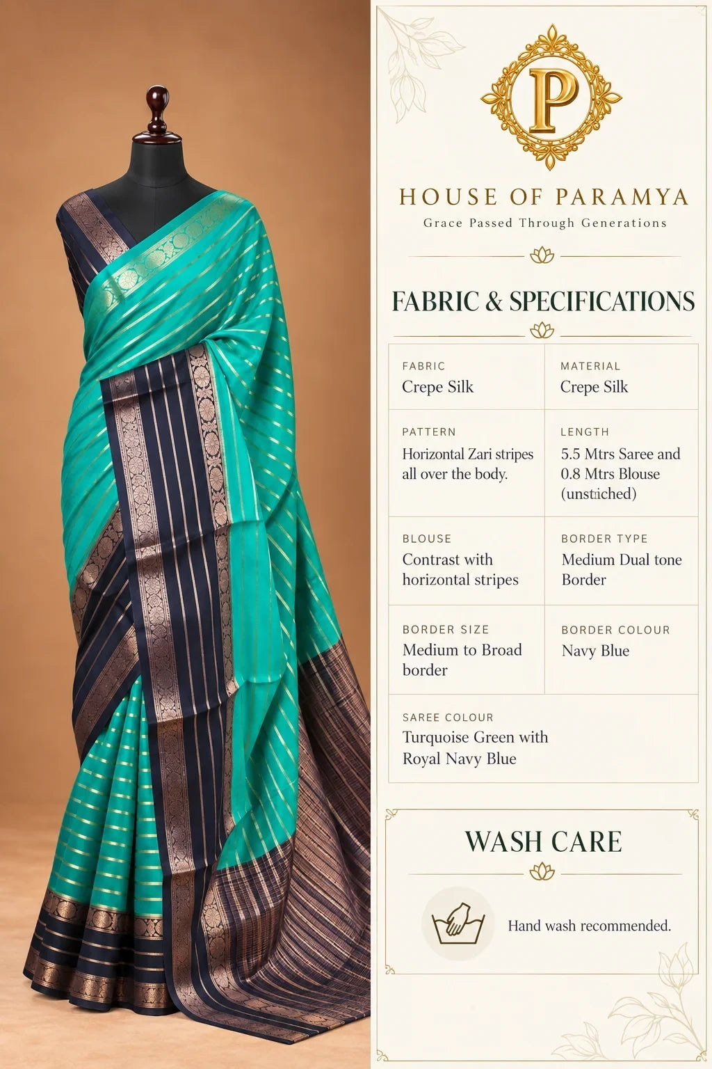 House Of Paramya turquoise green and navy blue crepe silk saree with horizontal zari stripes and a dual tone border