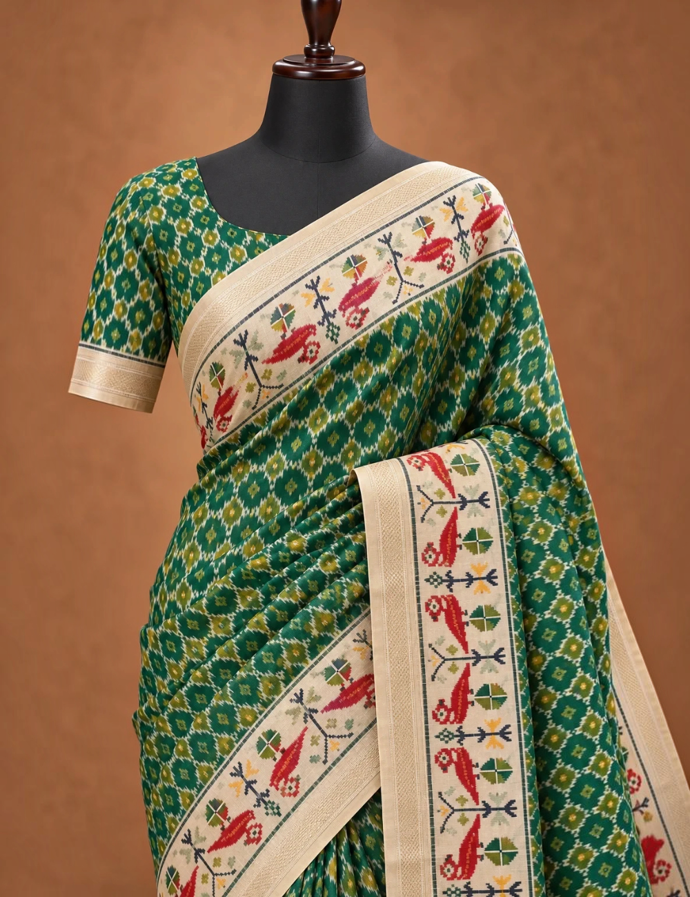 House Of Paramya green digital Patola print silk saree with woven parrot motif border and cream gold pallu