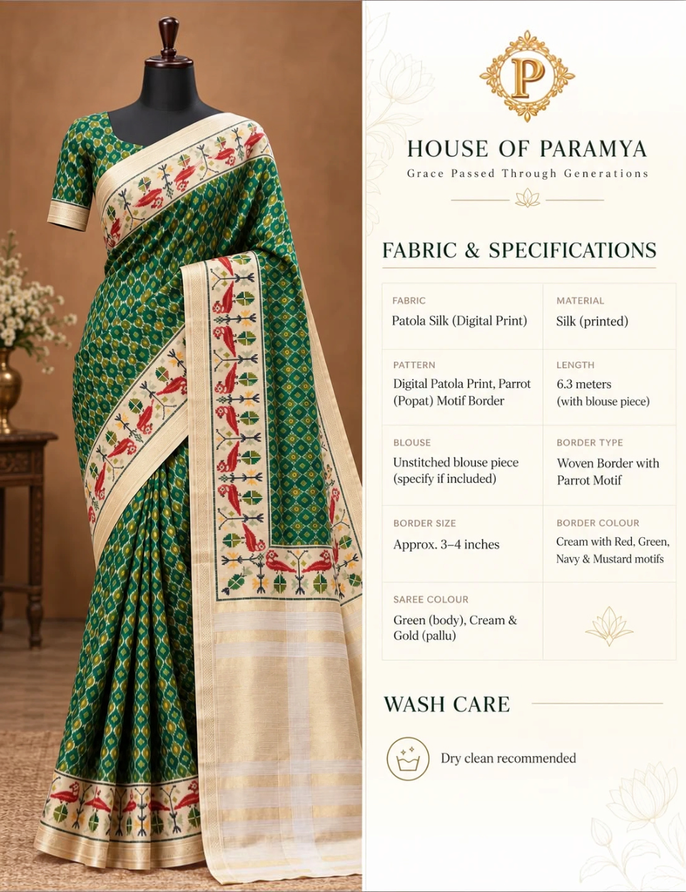 House Of Paramya green digital Patola print silk saree with woven parrot motif border and cream gold pallu