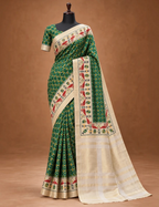 House Of Paramya green digital Patola print silk saree with a cream and gold pallu and woven parrot motif border