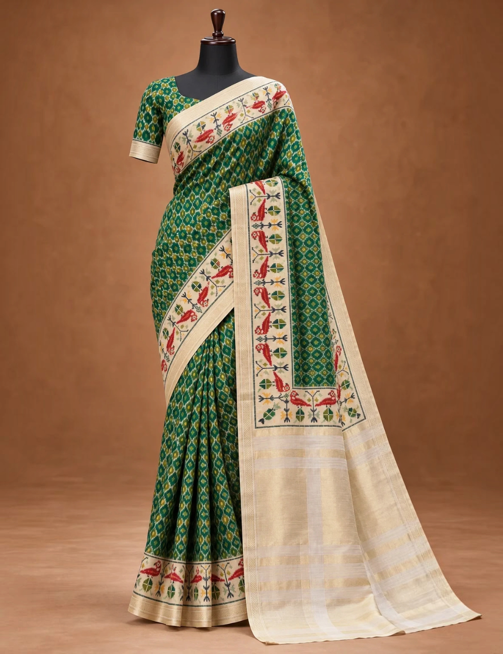 House Of Paramya green digital Patola print silk saree with a cream and gold pallu and woven parrot motif border