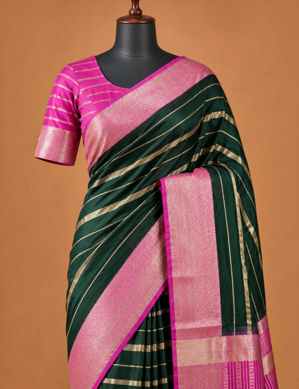 House Of Paramya dark green crepe silk saree with pink border and silver zari stripes on a mannequin