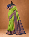 House Of Paramya lime green semi Kanchipuram silk saree with navy blue chevron pallu and traditional woven border