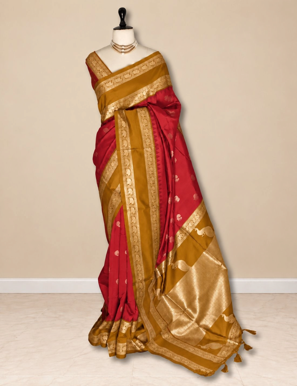 House Of Paramya parrot green semi soft silk saree with navy blue elephant border and peacock zari pallu on mannequin