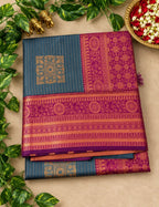 House Of Paramya grey semi Kanchipuram silk saree with pinstripe body, maroon-pink floral pallu, and gold zari border.