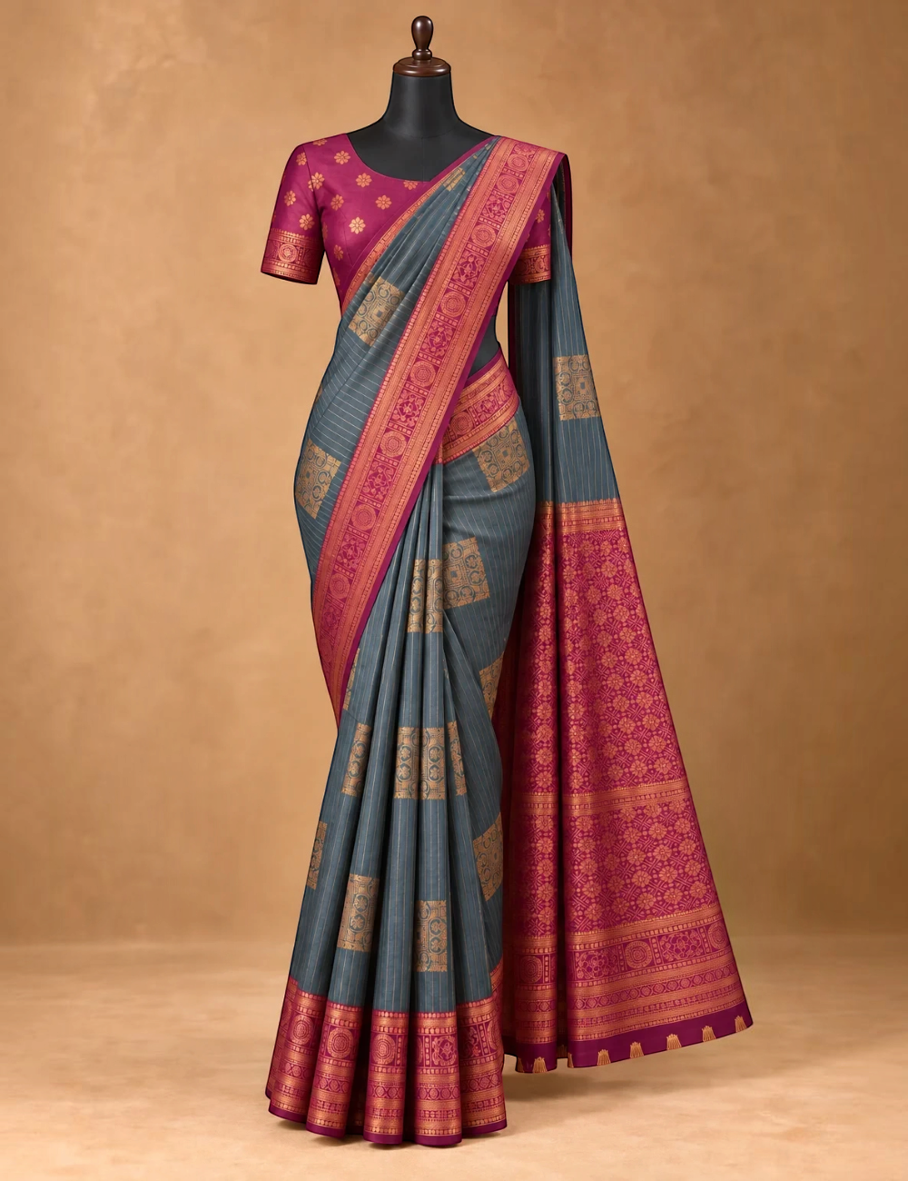 House Of Paramya grey semi Kanchipuram silk saree with maroon-pink floral pallu and intricate gold zari border