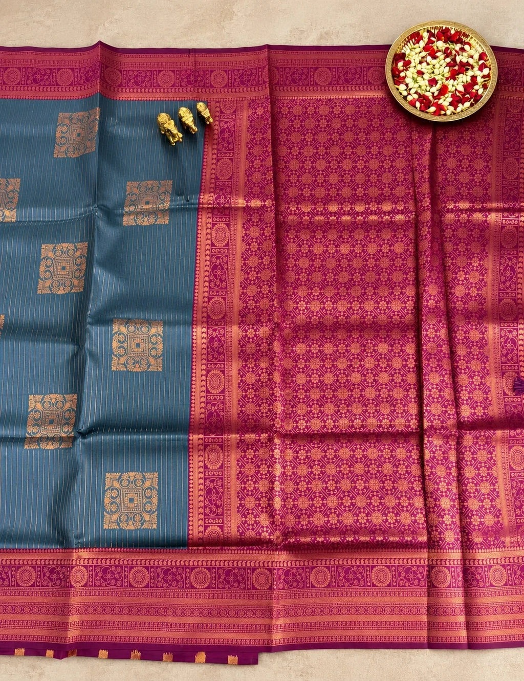 House Of Paramya grey semi Kanchipuram silk saree with pinstripes, gold zari border, and maroon-pink floral pallu.