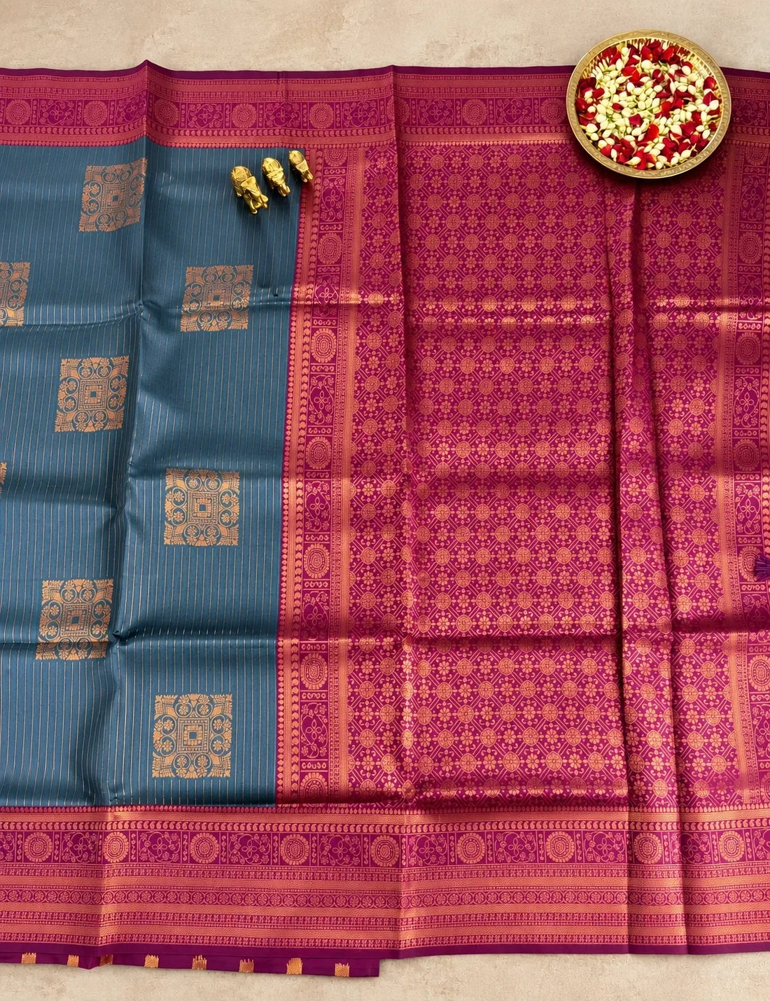 House Of Paramya grey semi Kanchipuram silk saree with pinstripes, gold zari border, and maroon-pink floral pallu.