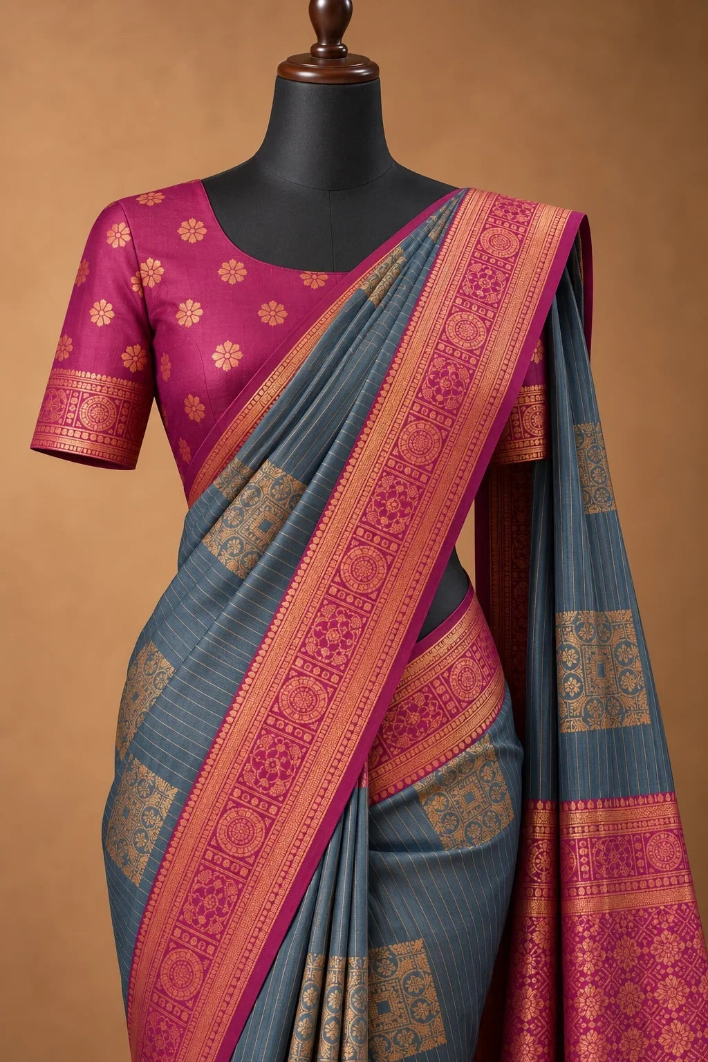 House Of Paramya grey semi Kanchipuram silk saree with maroon-pink floral pallu and intricate gold zari border.