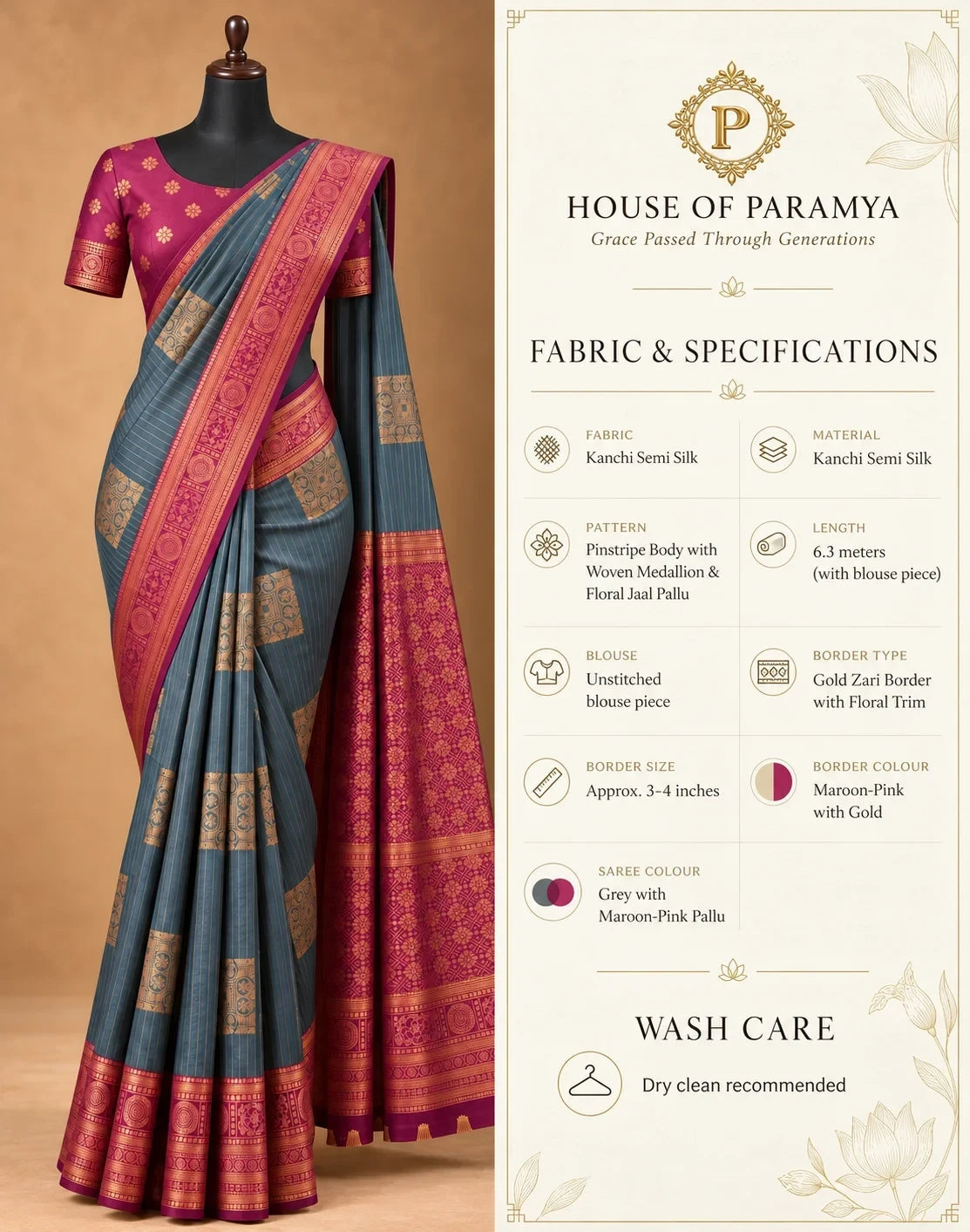 House Of Paramya grey semi Kanchipuram silk saree with maroon-pink floral pallu and intricate gold zari border