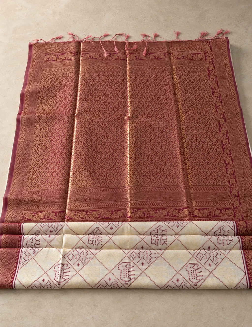 House Of Paramya beige and maroon semi silk Pochampally Ikat saree with diamond patterns and zari temple border