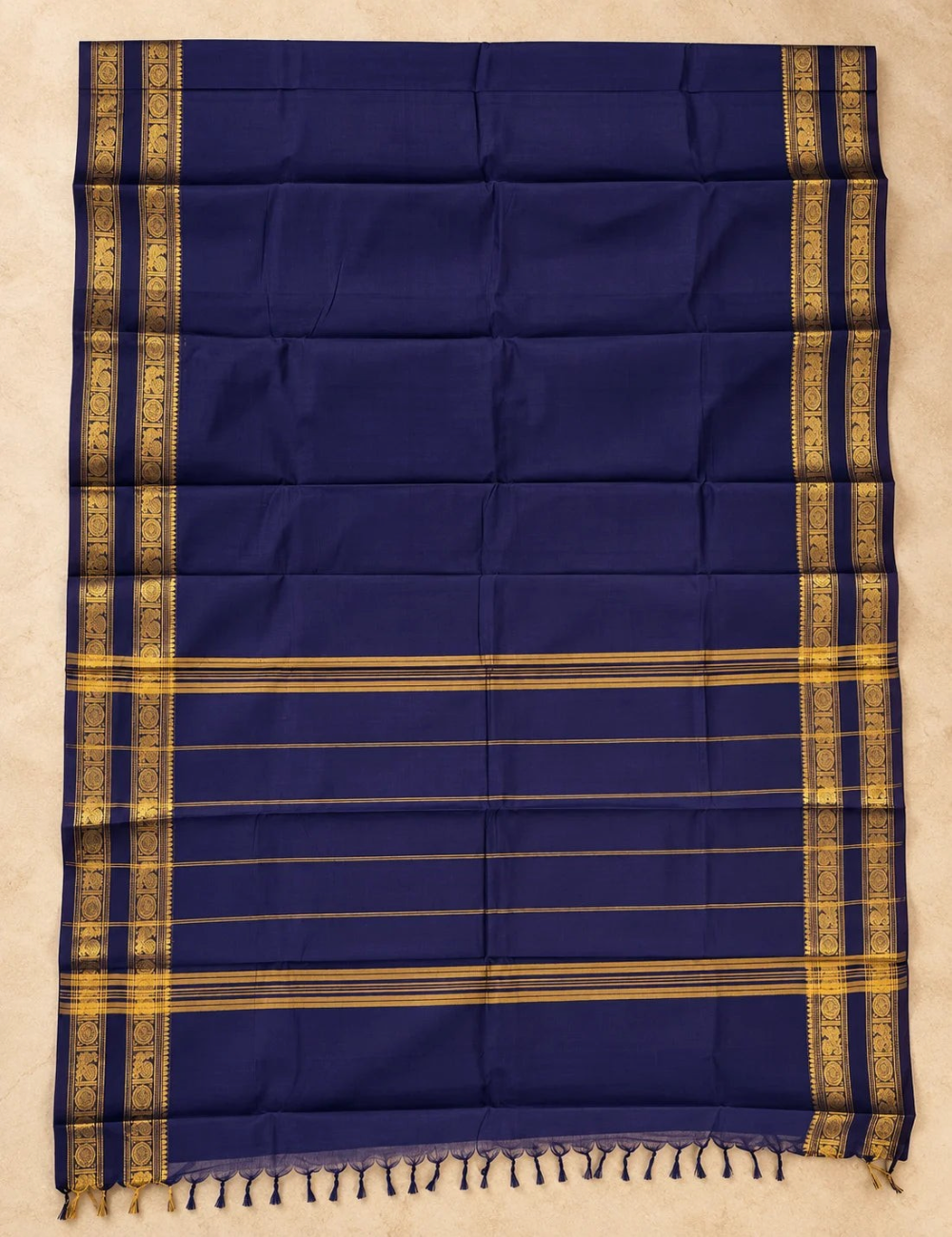 House Of Paramya midnight indigo Chettinad cotton saree with antique gold zari peacock and medallion border