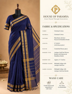 House Of Paramya midnight indigo Chettinad cotton saree with antique gold zari peacock and medallion border on mannequin
