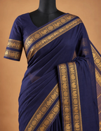 House Of Paramya midnight indigo Chettinad cotton saree with antique gold zari peacock and medallion border