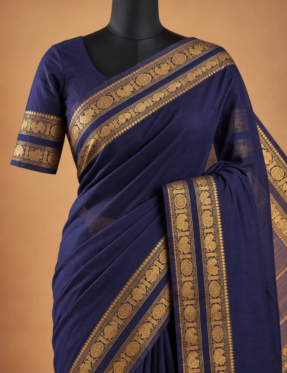 House Of Paramya midnight indigo Chettinad cotton saree with antique gold zari peacock and medallion border
