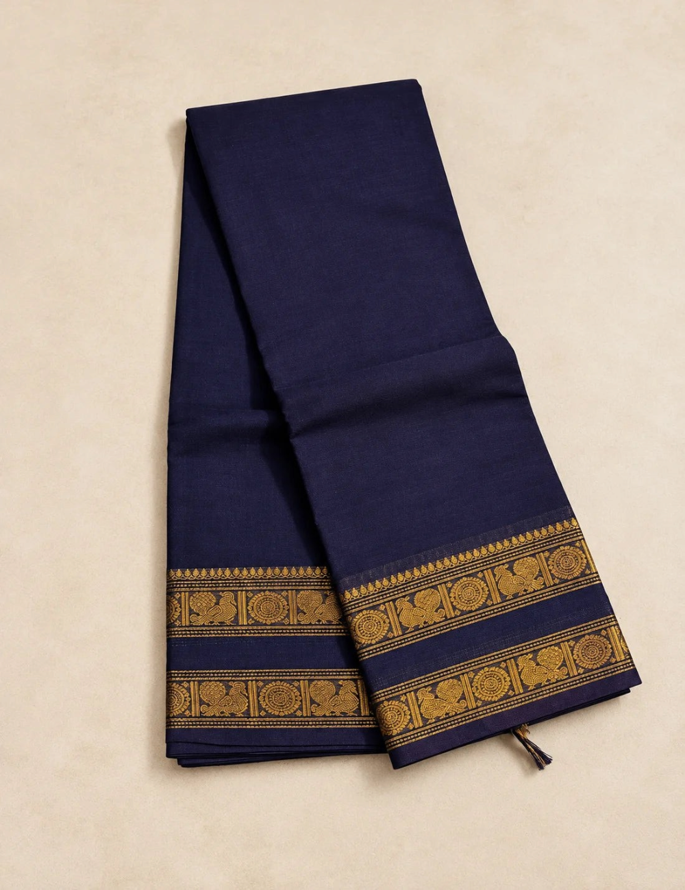 House Of Paramya midnight indigo Chettinad cotton saree with antique gold zari peacock and medallion woven border