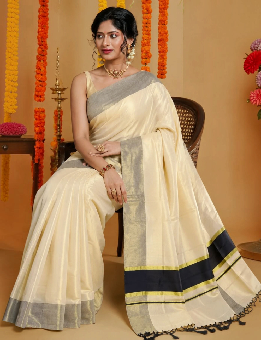 House Of Paramya ivory pure cotton Kasavu saree with a sea green border and gold zari accents worn by a model