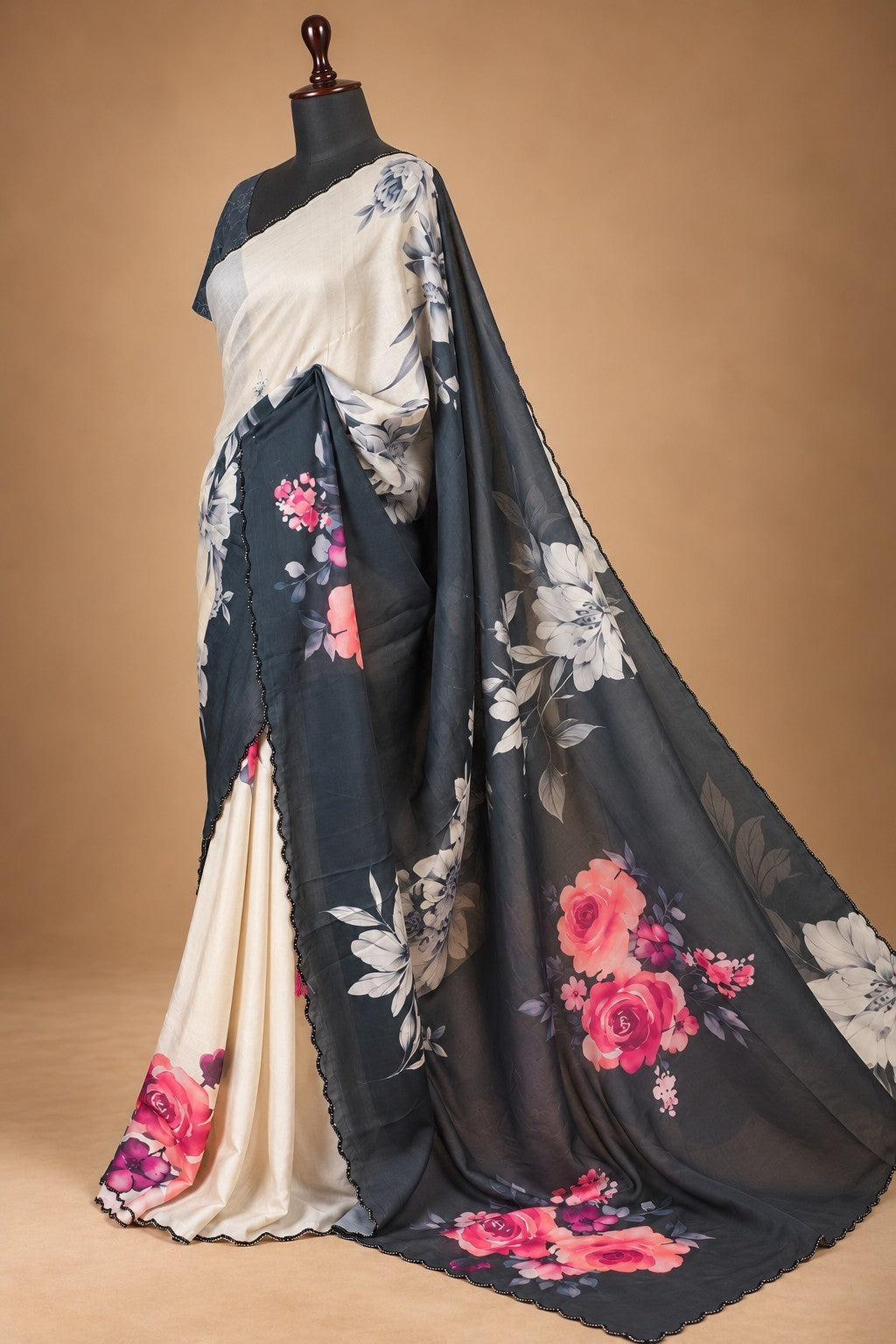 House Of Paramya ivory satin saree with pink rose floral print and charcoal grey scalloped border on a mannequin