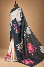 House Of Paramya ivory satin saree with pink rose floral print and charcoal grey scalloped border on a mannequin