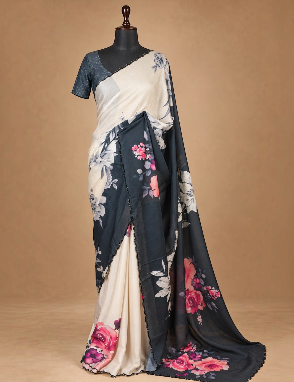 House Of Paramya ivory Japan satin saree featuring a pink floral print and a charcoal-grey scalloped border