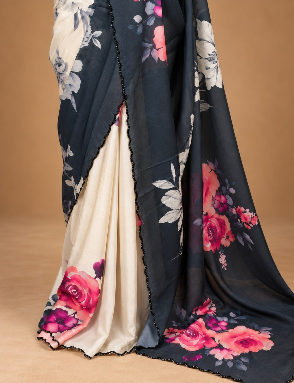 House Of Paramya ivory and charcoal grey satin saree featuring a pink floral print and a scalloped black edge trim.