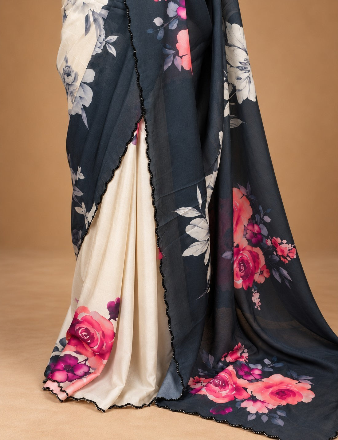 House Of Paramya ivory and charcoal grey satin saree featuring a pink floral print and a scalloped black edge trim.
