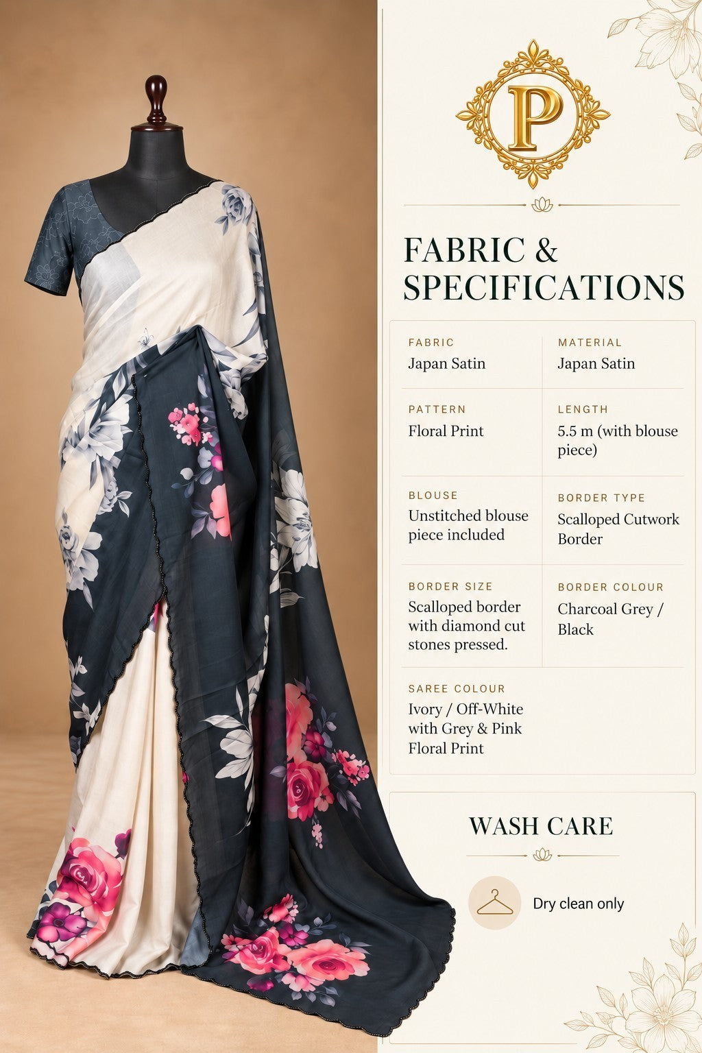 House Of Paramya ivory Japan satin saree featuring pink rose floral print and a charcoal grey scalloped border