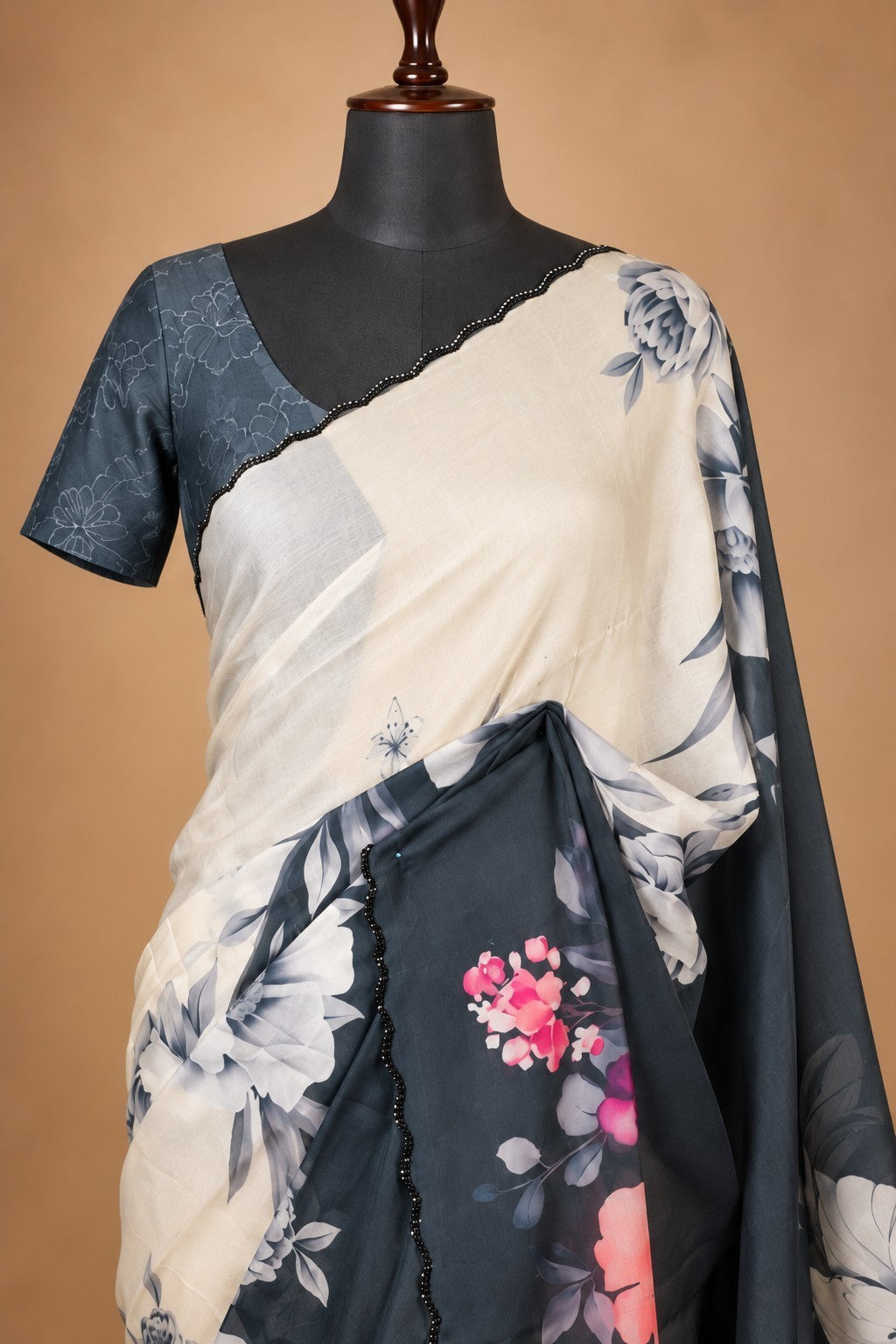 House Of Paramya ivory Japan satin saree with pink rose floral print and charcoal grey scalloped border on a mannequin