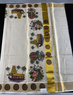 House Of Paramya ivory tissue cotton Kasavu saree featuring a gold zari border and colorful Kerala mural print.