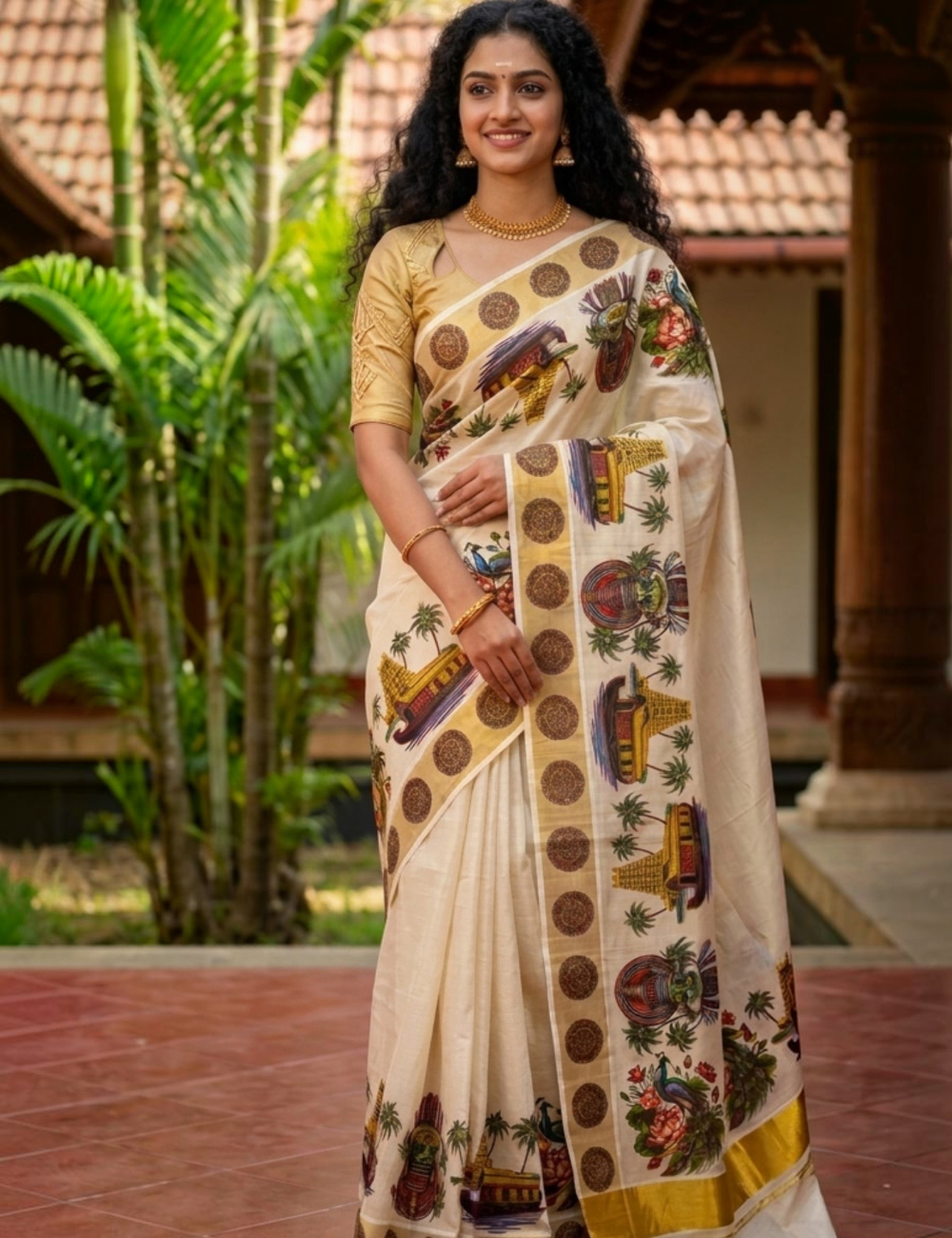 House Of Paramya ivory tissue cotton Kasavu saree featuring a gold zari border and Kerala mural houseboat palm print.