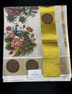 House Of Paramya ivory tissue cotton Kasavu saree featuring a gold zari border and vibrant peacock and lotus print.