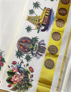 House Of Paramya ivory tissue cotton Kasavu saree featuring a gold zari border and colorful Kerala mural print.