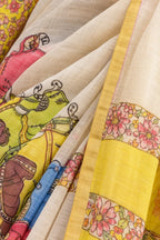 House Of Paramya ivory linen cotton saree with multicolor Pichwai mural print and a gold zari border