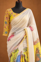 House Of Paramya ivory linen cotton saree with multicolor Pichwai mural print, gold zari border, and yellow blouse.