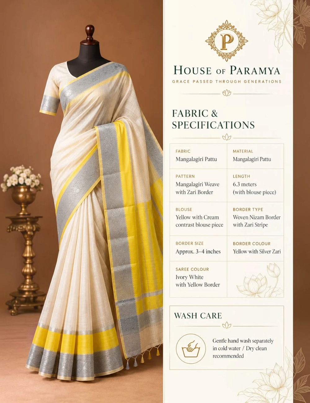 House Of Paramya ivory white Mangalagiri Pattu saree with yellow and silver zari nizam border on a mannequin