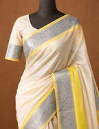 House Of Paramya ivory white Mangalagiri Pattu saree with yellow border and silver zari nizam weave detail