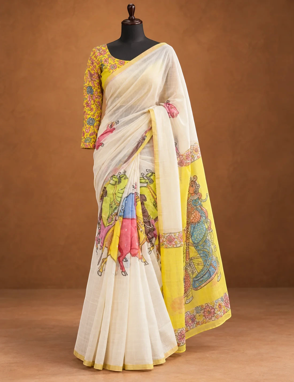 House Of Paramya ivory linen cotton saree with multicolor Pichwai mural print and gold zari border, yellow blouse