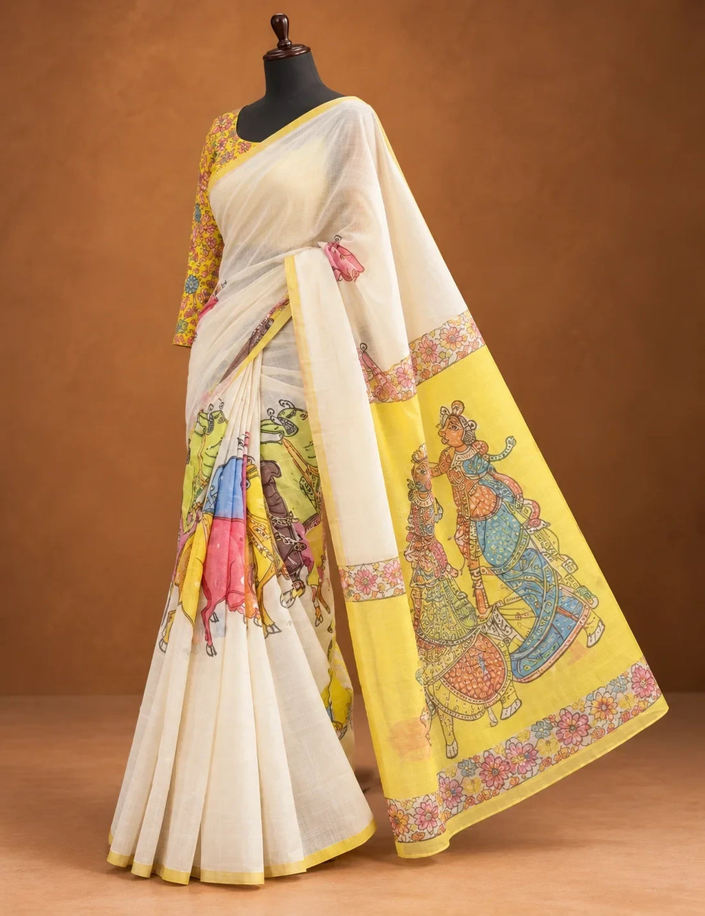 House Of Paramya ivory linen cotton saree with multicolor Pichwai mural print and gold zari border, yellow blouse.