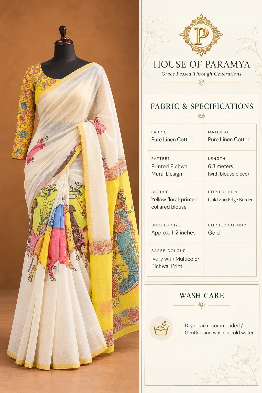 House Of Paramya ivory linen cotton saree with multicolor Pichwai mural print and gold zari border, yellow blouse.