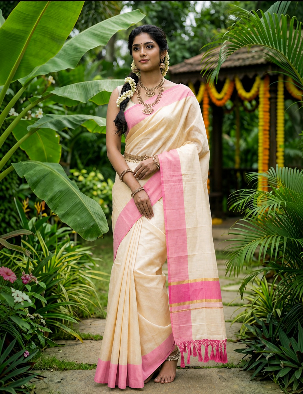 House Of Paramya ivory pure cotton saree with a pink border and gold zari accents worn by a woman in a garden