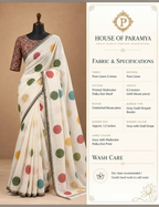 House Of Paramya ivory linen cotton saree with multicolor polka dots and a grey-gold striped border on a mannequin.