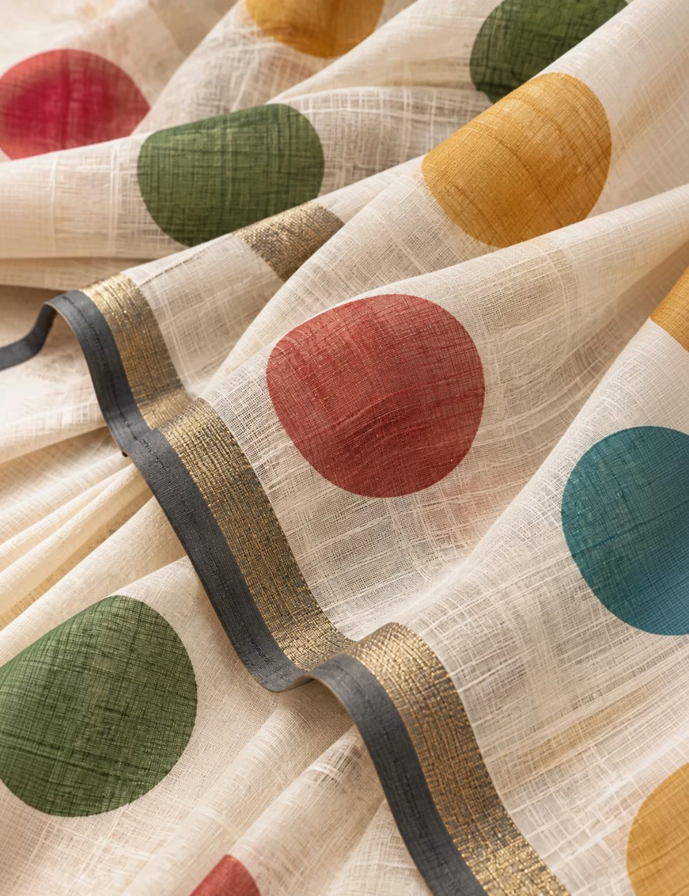 House Of Paramya ivory linen cotton saree with multicolor polka dots and a grey-gold striped border