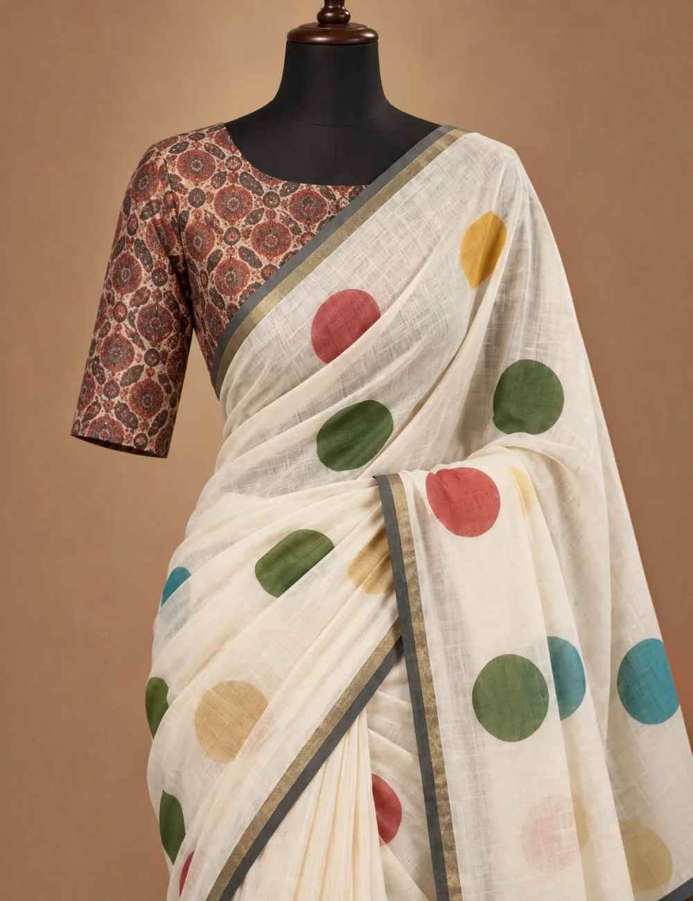 House Of Paramya ivory linen cotton saree with multicolor polka dots and a grey-gold striped border on a mannequin