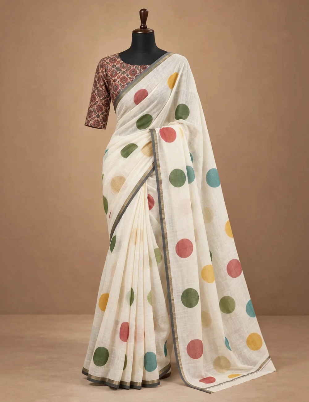 House Of Paramya ivory linen cotton saree with multicolor polka dots and a grey-gold striped border on a mannequin.